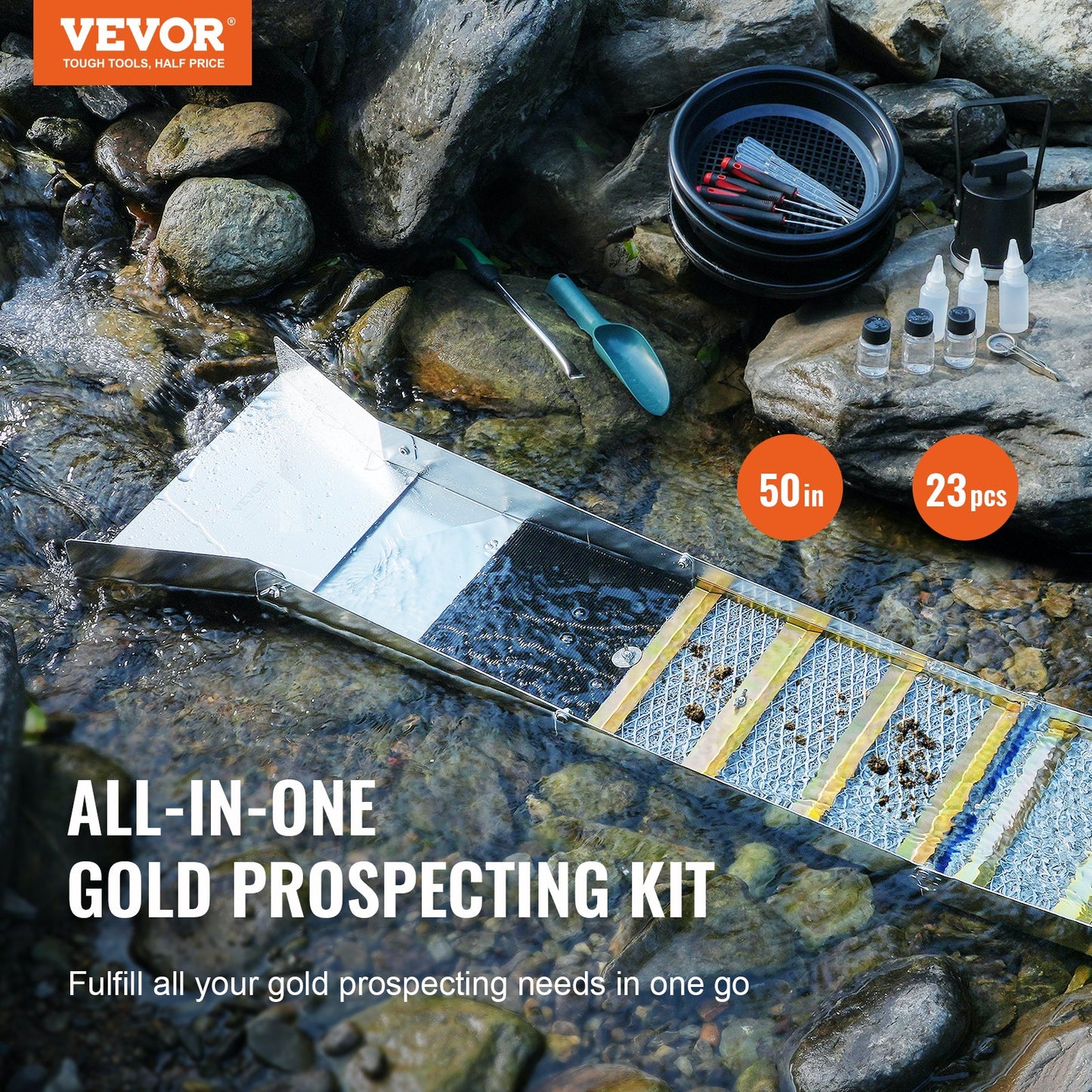 Gold Panning Kit With Sluice Box, 50" Aluminum Gold Mining Equipment, 23 PCS Gold Prospecting Kit with Gold V952-TJC50YC9YCLHBEW55V0