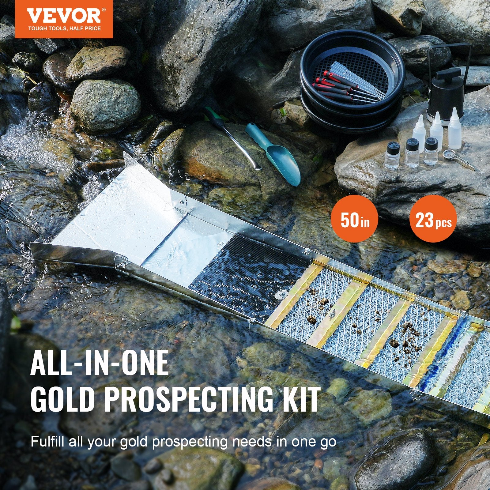 Gold Panning Kit With Sluice Box, 50" Aluminum Gold Mining Equipment, 23 PCS Gold Prospecting Kit with Gold V952-TJC50YC9YCLHBEW55V0