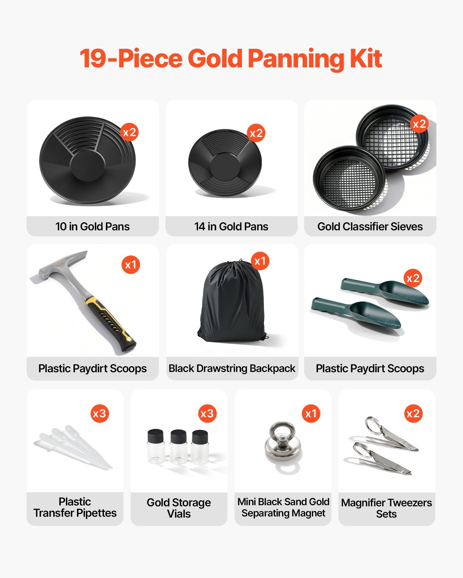 Gold Panning Kit, 254 mm and 355 mm Pans, 19 PCS Portable Prospecting Equipment Kit with Classifier Sieves, V952-TJPTZ1014INC4MEVK001V0