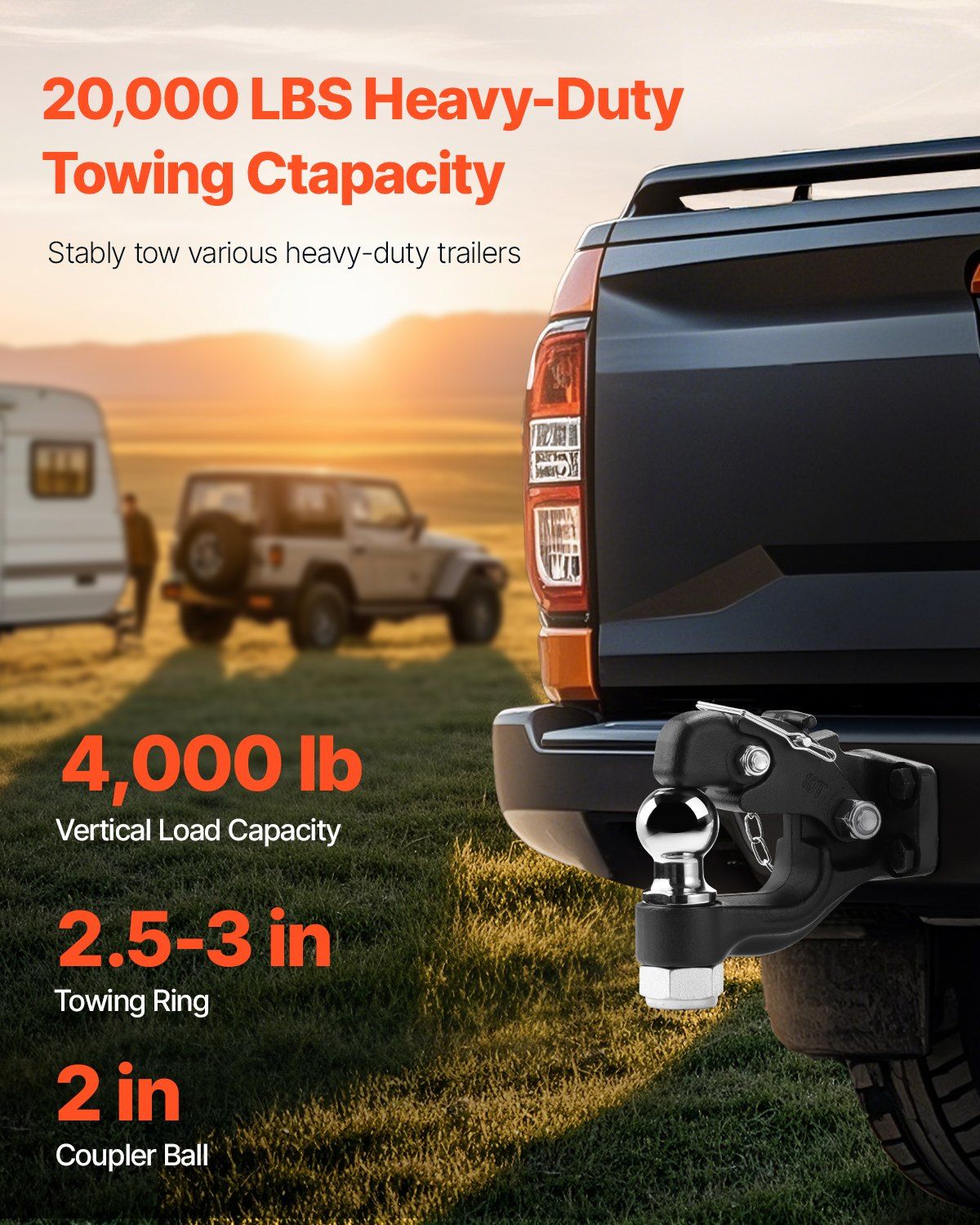 Pintle Hook, 9070 kg Towing Capacity, Trailer Hitches Receiver Hook Combination 50.4 mm Hitch Ball, Fits for V952-TJXHTGDGQ2INLAH50V0