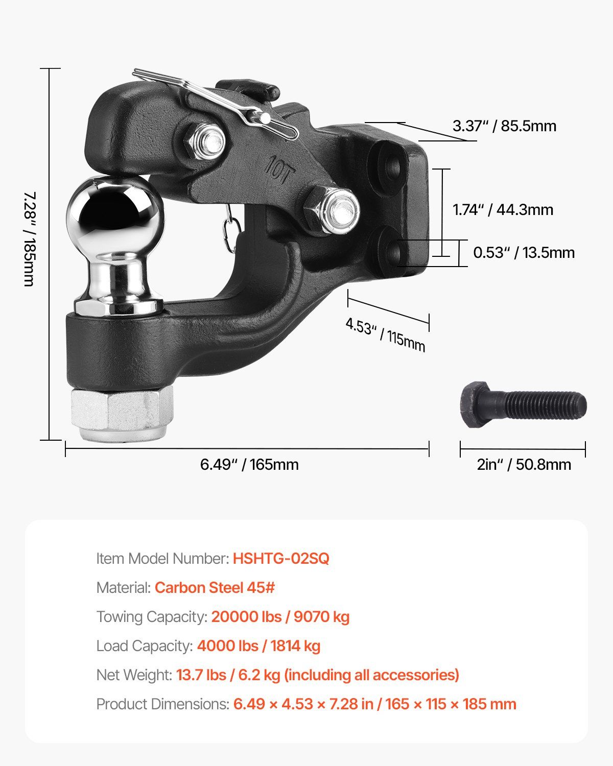 Pintle Hook, 9070 kg Towing Capacity, Trailer Hitches Receiver Hook Combination 50.4 mm Hitch Ball, Fits for V952-TJXHTGDGQ2INLAH50V0
