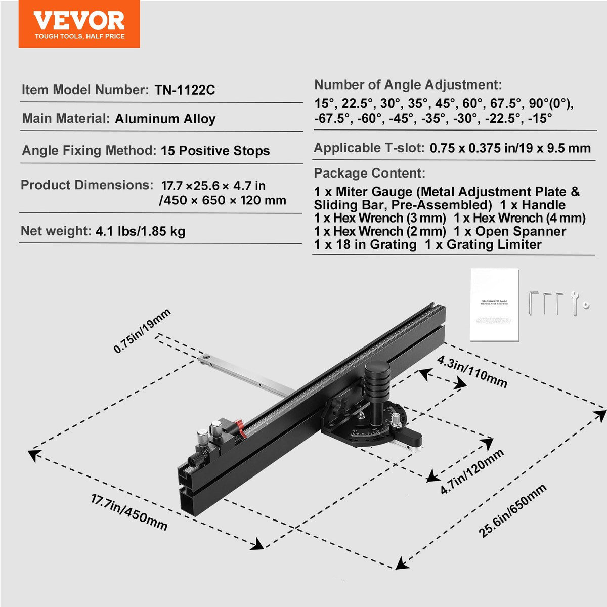 Precision Miter Gauge, Standard Slot 19 x 9.5 mm, Aluminum Alloy Table Saw Miter Gauge with 61 cm Grating 15 V952-TJXQGDKS6060DGXZUV0