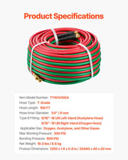 Oxygen Acetylene Hose 1/4-Inch x 100FT T Grade Hose 300PSI Max Working Pressure V952-TJYYGHJRGMG1F9RY6V0