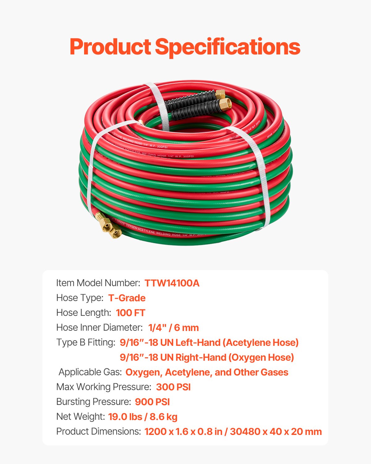 Oxygen Acetylene Hose 1/4-Inch x 100FT T Grade Hose 300PSI Max Working Pressure V952-TJYYGHJRGMG1F9RY6V0