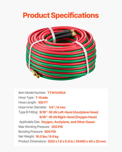Oxygen Acetylene Hose 1/4-Inch x 100FT T Grade Hose 300PSI Max Working Pressure V952-TJYYGHJRGMG1F9RY6V0