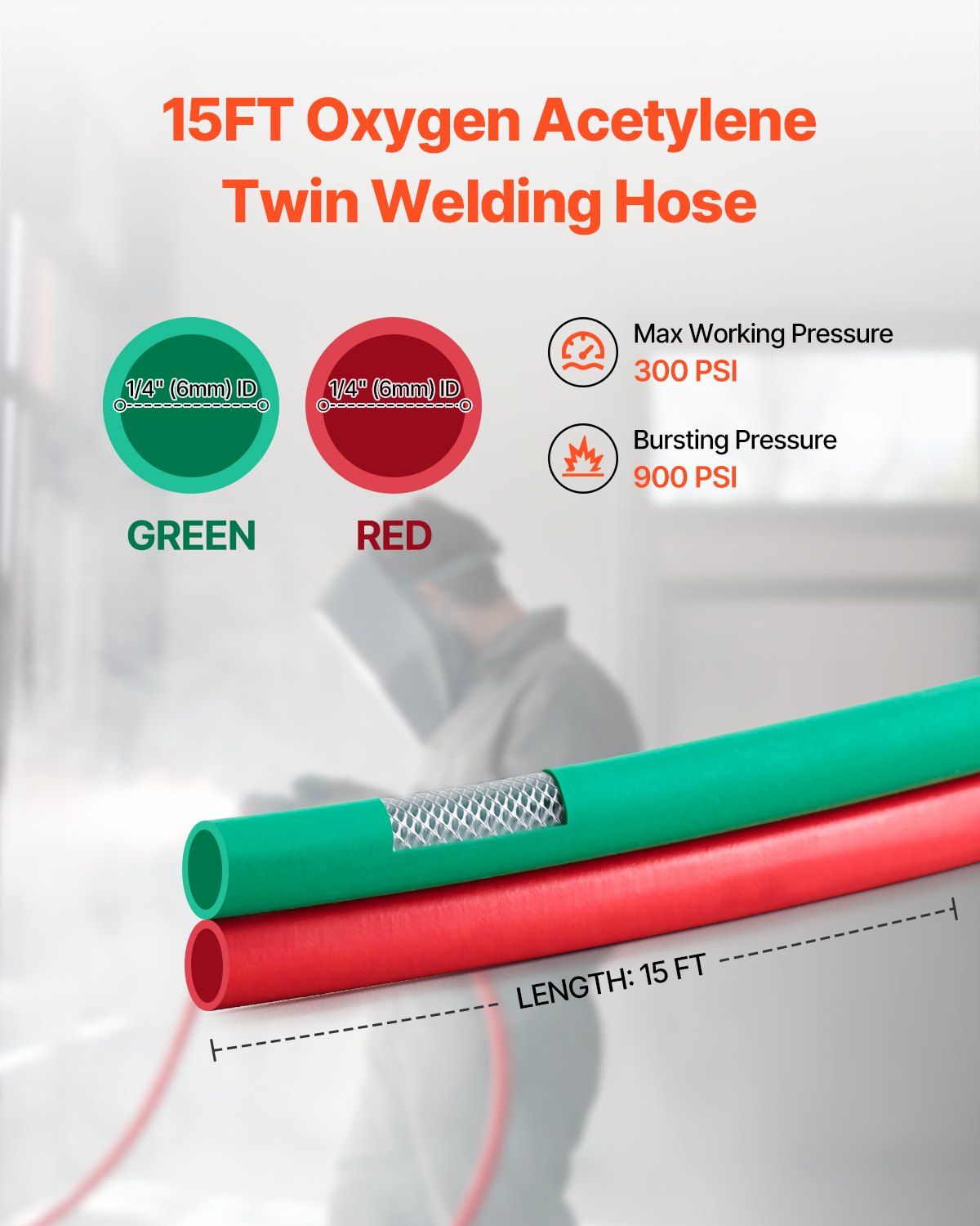 Oxygen Acetylene Hose, 1/4-Inch x 15FT Oxy Acetylene Hose with 9/16"-18 B Fitting, 300PSI T Grade Welding V952-TJYYGHJRGMG1I4T63V0