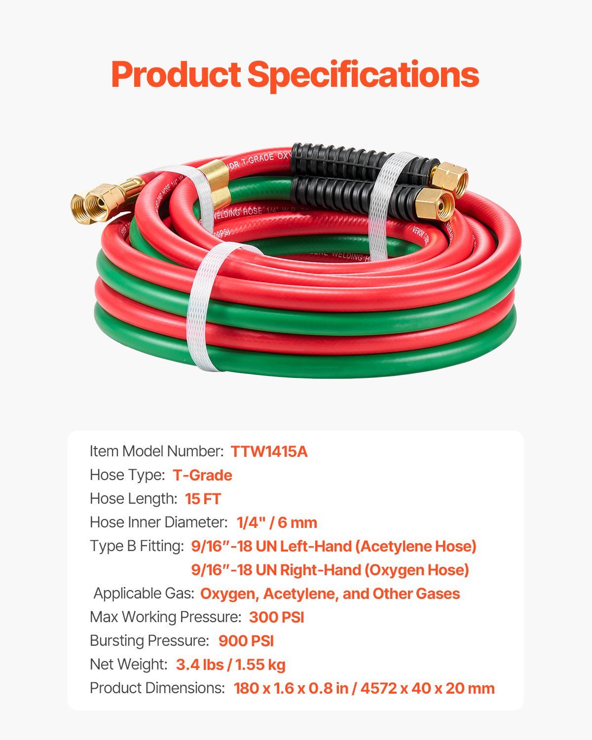 Oxygen Acetylene Hose, 1/4-Inch x 15FT Oxy Acetylene Hose with 9/16"-18 B Fitting, 300PSI T Grade Welding V952-TJYYGHJRGMG1I4T63V0