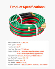 Oxygen Acetylene Hose, 1/4-Inch x 25FT Oxy Acetylene Hose with 9/16"-18 B Fitting, 300PSI T Grade Welding V952-TJYYGHJRGMG2RD7J9V0