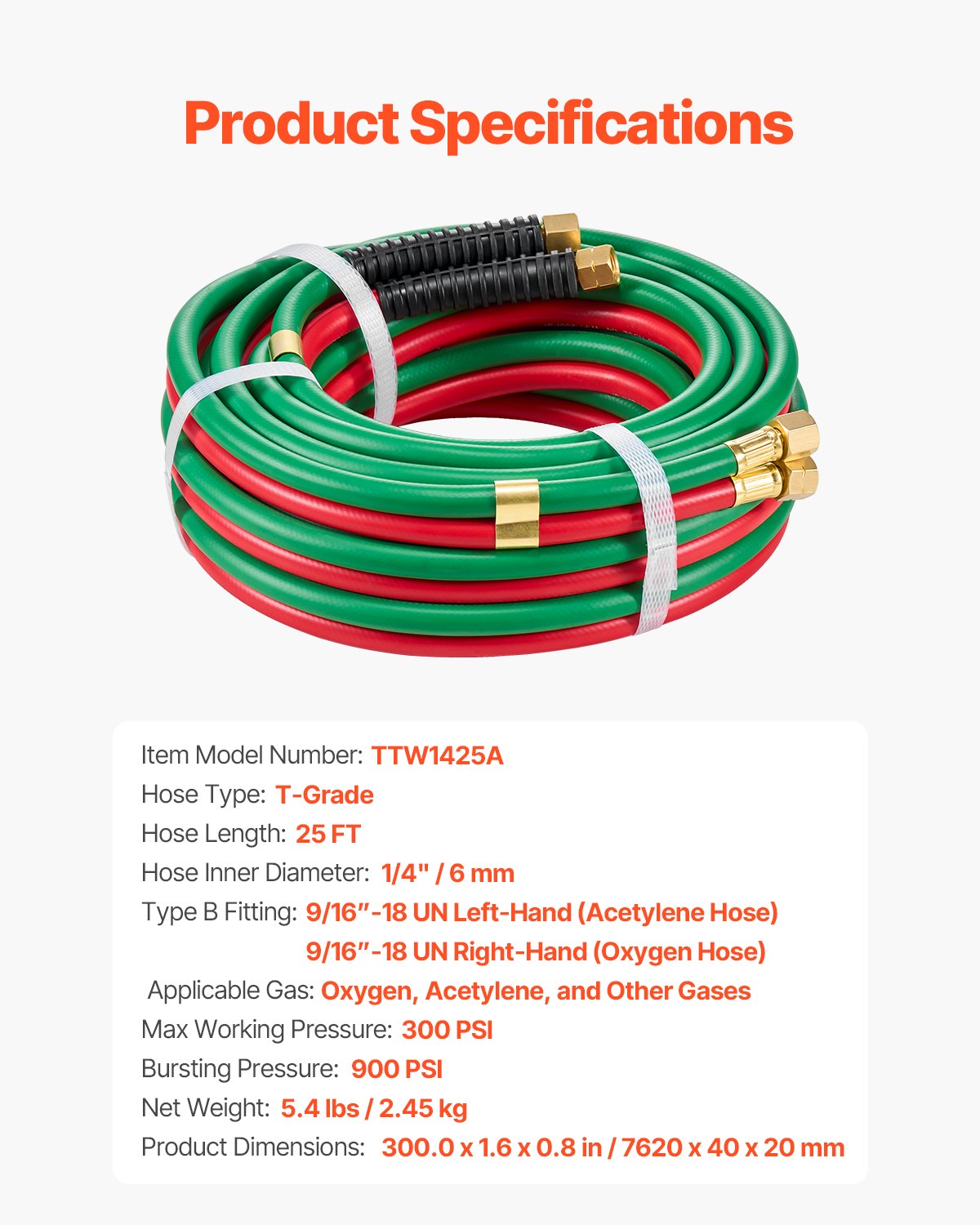 Oxygen Acetylene Hose, 1/4-Inch x 25FT Oxy Acetylene Hose with 9/16"-18 B Fitting, 300PSI T Grade Welding V952-TJYYGHJRGMG2RD7J9V0