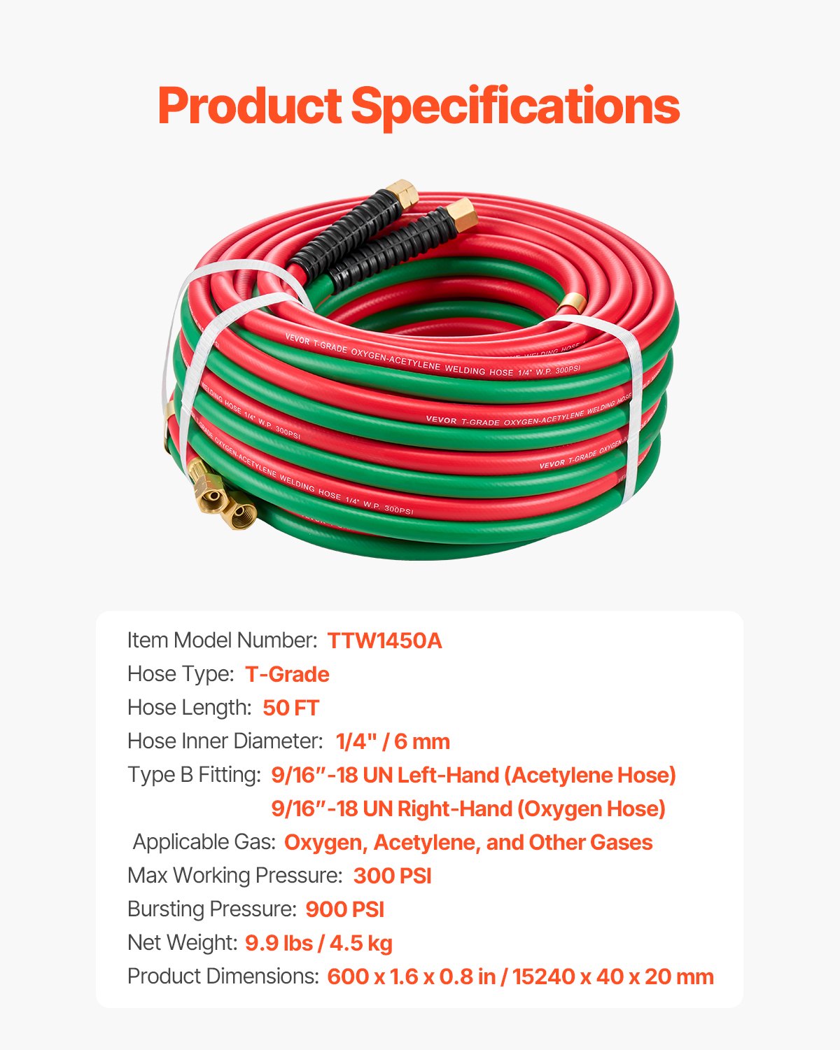 Oxygen Acetylene Hose 1/4-Inch x 50FT T Grade Hose 300PSI Max Working Pressure V952-TJYYGHJRGMG5XT6X0V0