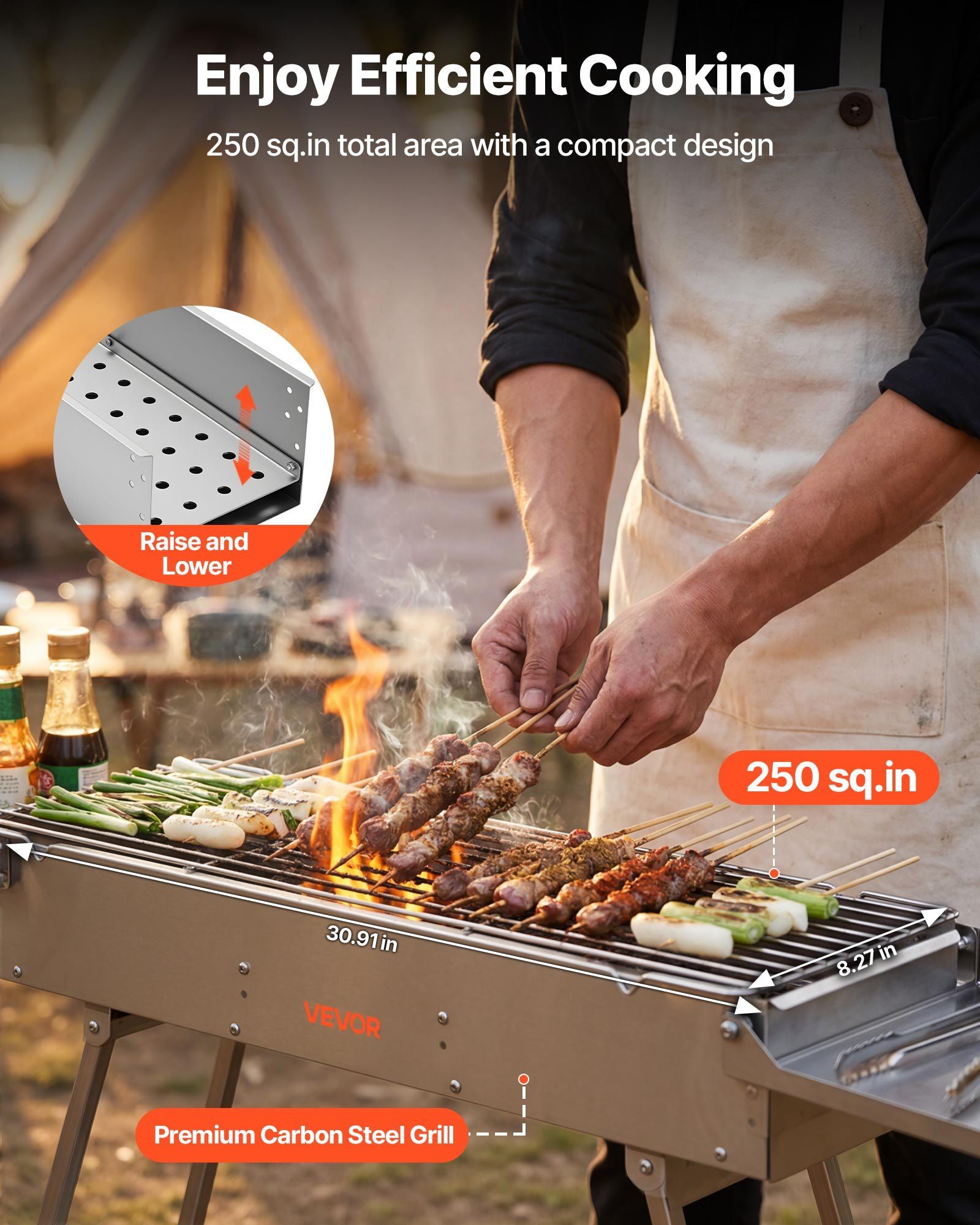 Foldable Charcoal Grill, 0.16 m2 Portable Charcoal Barbecue Grill with Liftable Charcoal Tray & Side Tables, V952-TLCTZDKZTKBXI2GZV001V0