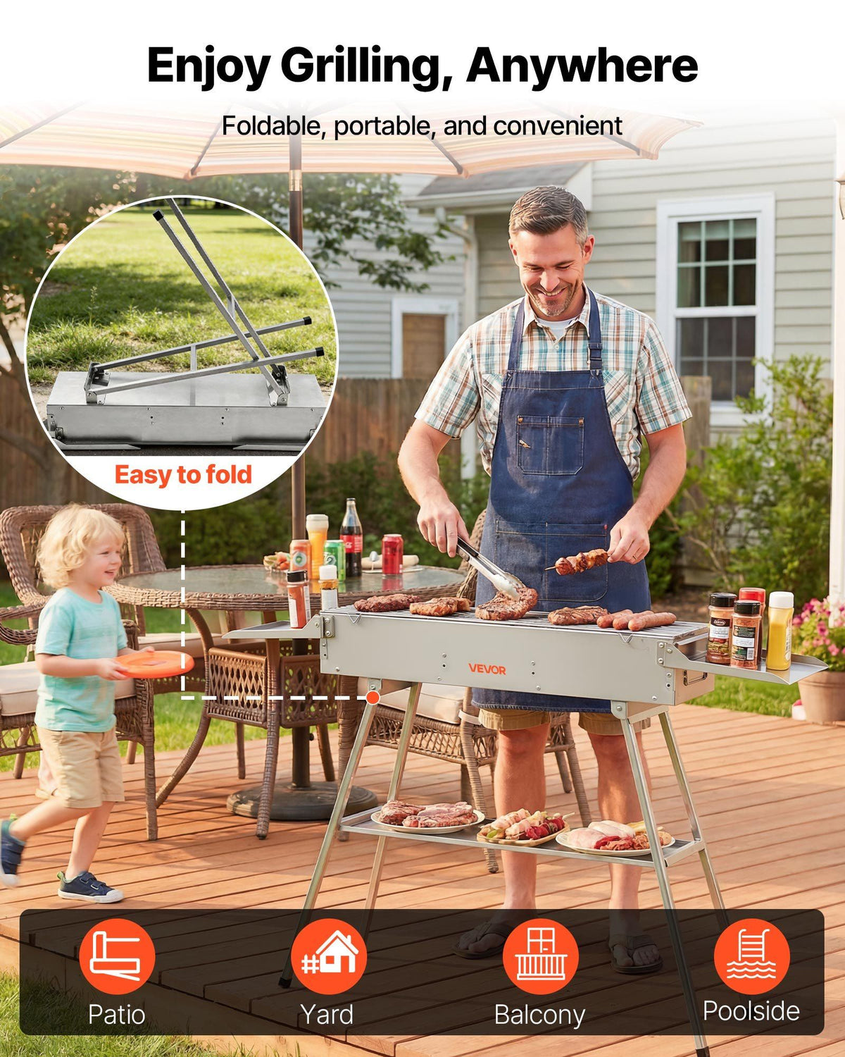 Foldable Charcoal Grill, 0.16 m2 Portable Charcoal Barbecue Grill with Liftable Charcoal Tray & Side Tables, V952-TLCTZDKZTKBXI2GZV001V0