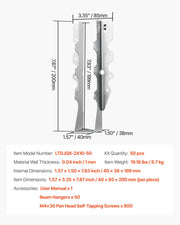 50 Pcs Joist Hanger, Inner Dimensions 1.57 x 1.50 x 7.83 inch / 40 x 38 x 199 mm, Rafter Hurricane Ties Joist V952-TLDJ210INCH5HCMQL001V0