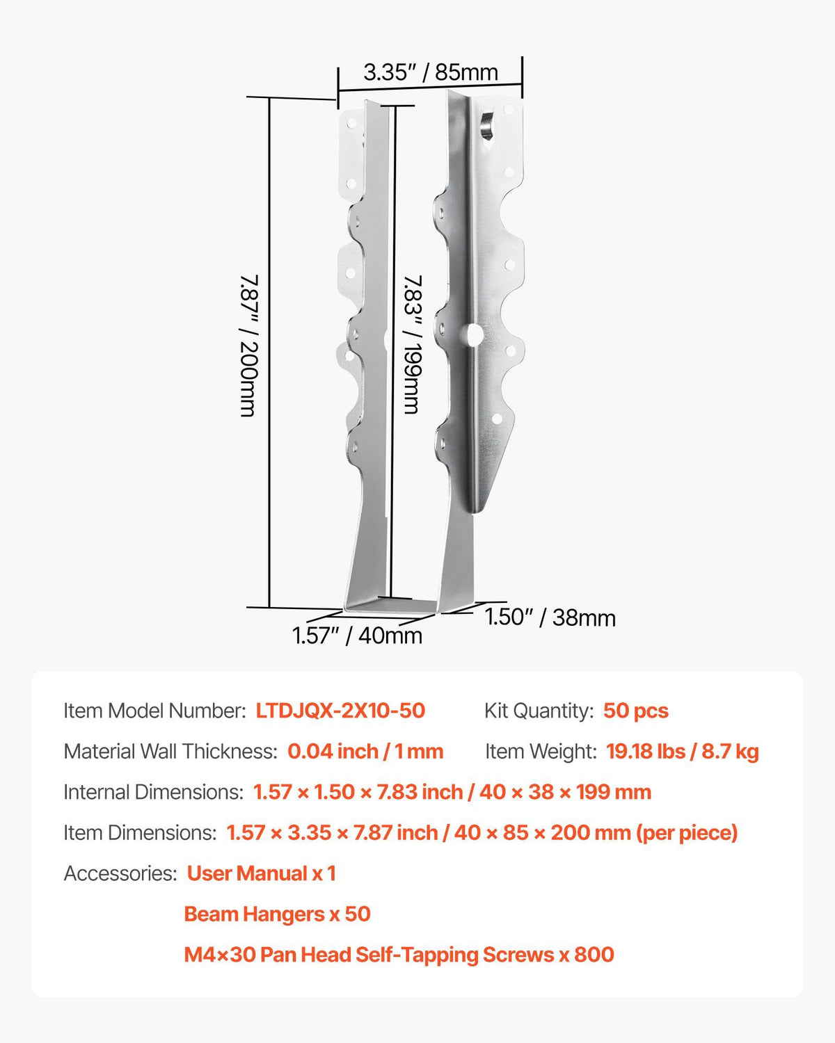 50 Pcs Joist Hanger, Inner Dimensions 1.57 x 1.50 x 7.83 inch / 40 x 38 x 199 mm, Rafter Hurricane Ties Joist V952-TLDJ210INCH5HCMQL001V0
