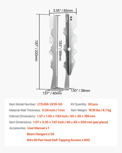 50 Pcs Joist Hanger, Inner Dimensions 1.57 x 1.50 x 7.83 inch / 40 x 38 x 199 mm, Rafter Hurricane Ties Joist V952-TLDJ210INCH5HCMQL001V0