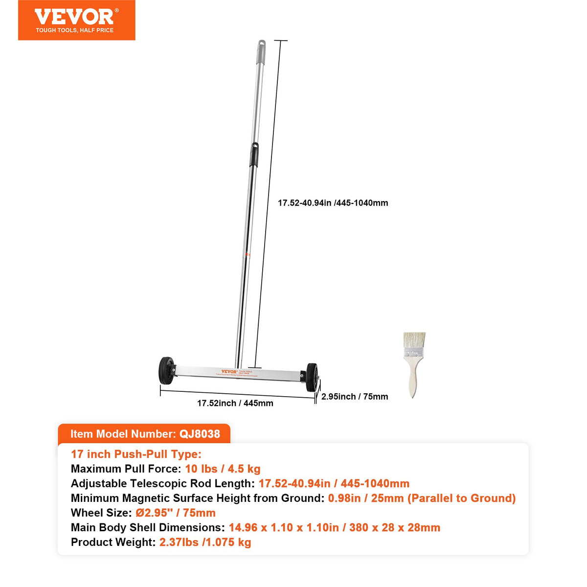 Magnetic Sweeper with Wheels, 17inch Mini Magnetic Sweeper, 10 lbs Capacity, Adjustable Handle, Lightweight V952-TLSCXQSQ17INV4NSQV0