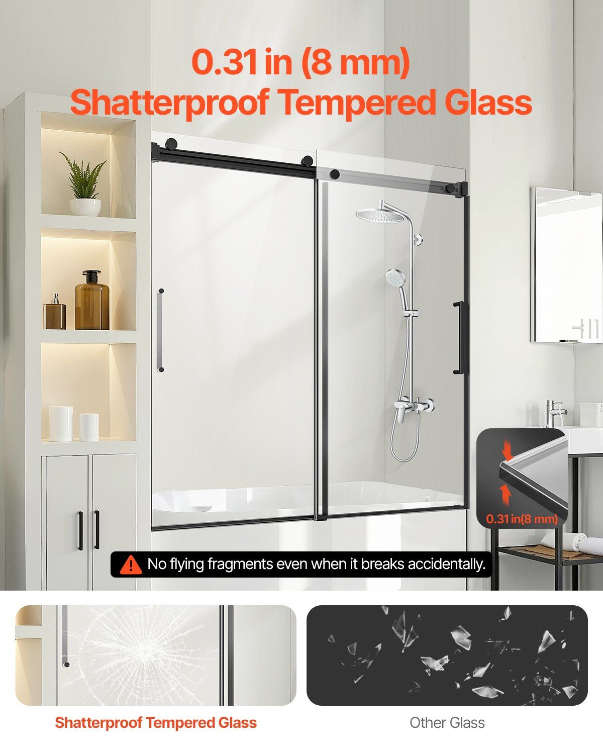 Frameless Sliding Bathtub Door, 1422-1524 mm x 1524 mm, Frameless Shower Glass Door, Frameless Double Sliding V952-TLYGM60W62HI3IDVNV0