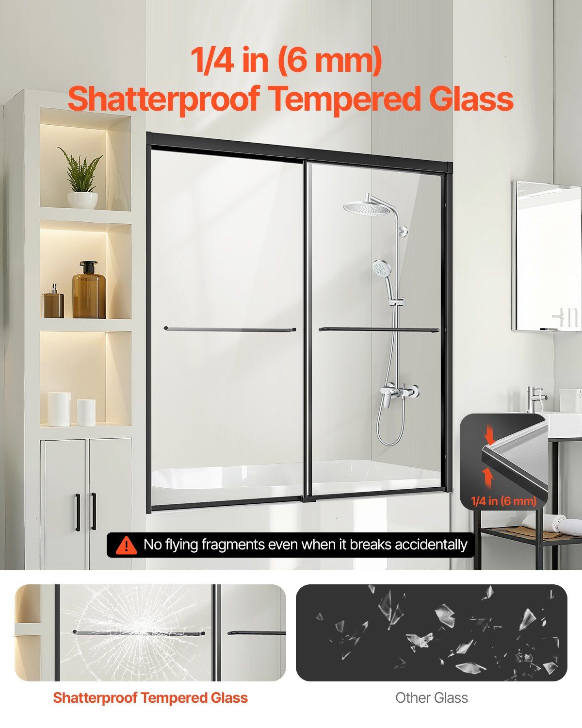 Bathtub Shower Door, 1422-1524 mm x 1524 mm, Semi-Frameless Double Sliding Tub Door, Semi-Frameless Bypass V952-TLYGM60W62HIYDJ1GV0