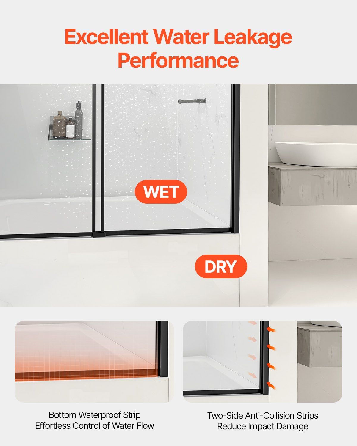 Bathtub Shower Door, 1422-1524 mm x 1524 mm, Semi-Frameless Double Sliding Tub Door, Semi-Frameless Bypass V952-TLYGM60W62HIYDJ1GV0