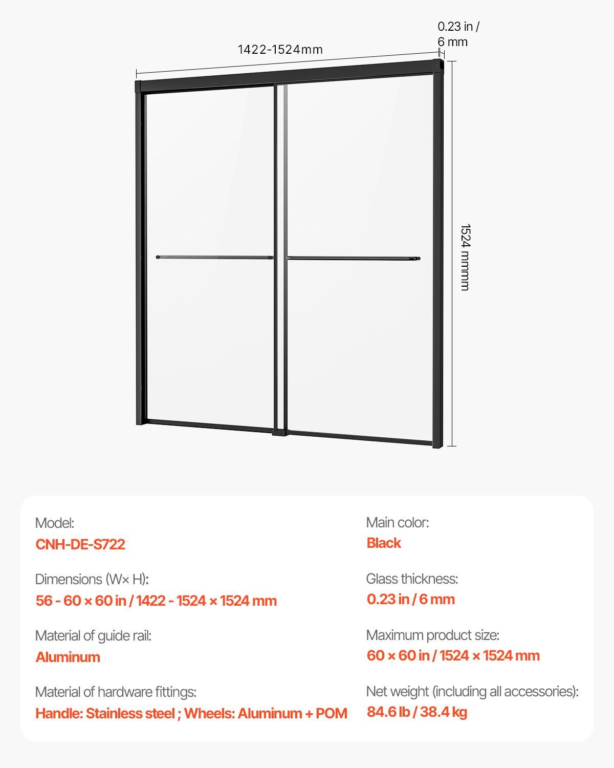 Bathtub Shower Door, 1422-1524 mm x 1524 mm, Semi-Frameless Double Sliding Tub Door, Semi-Frameless Bypass V952-TLYGM60W62HIYDJ1GV0