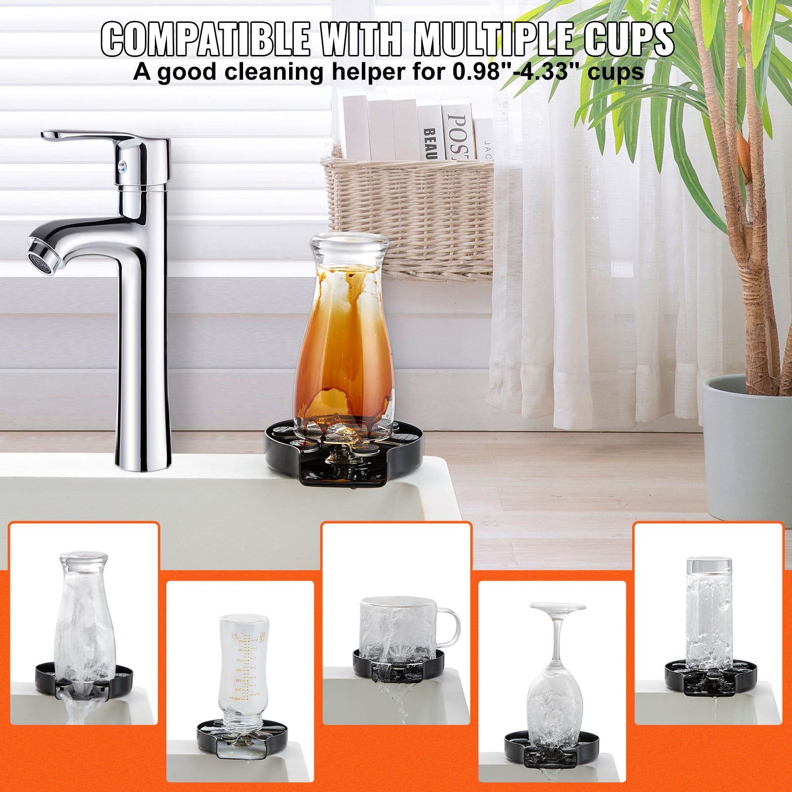 Glass Rinser, 10 Powerful Spraying Jets Rotating Cup Rinser for Sink, 304 Stainless Steel Faucet Cup Washer & V952-TMAZSXBQ304B1O045V0