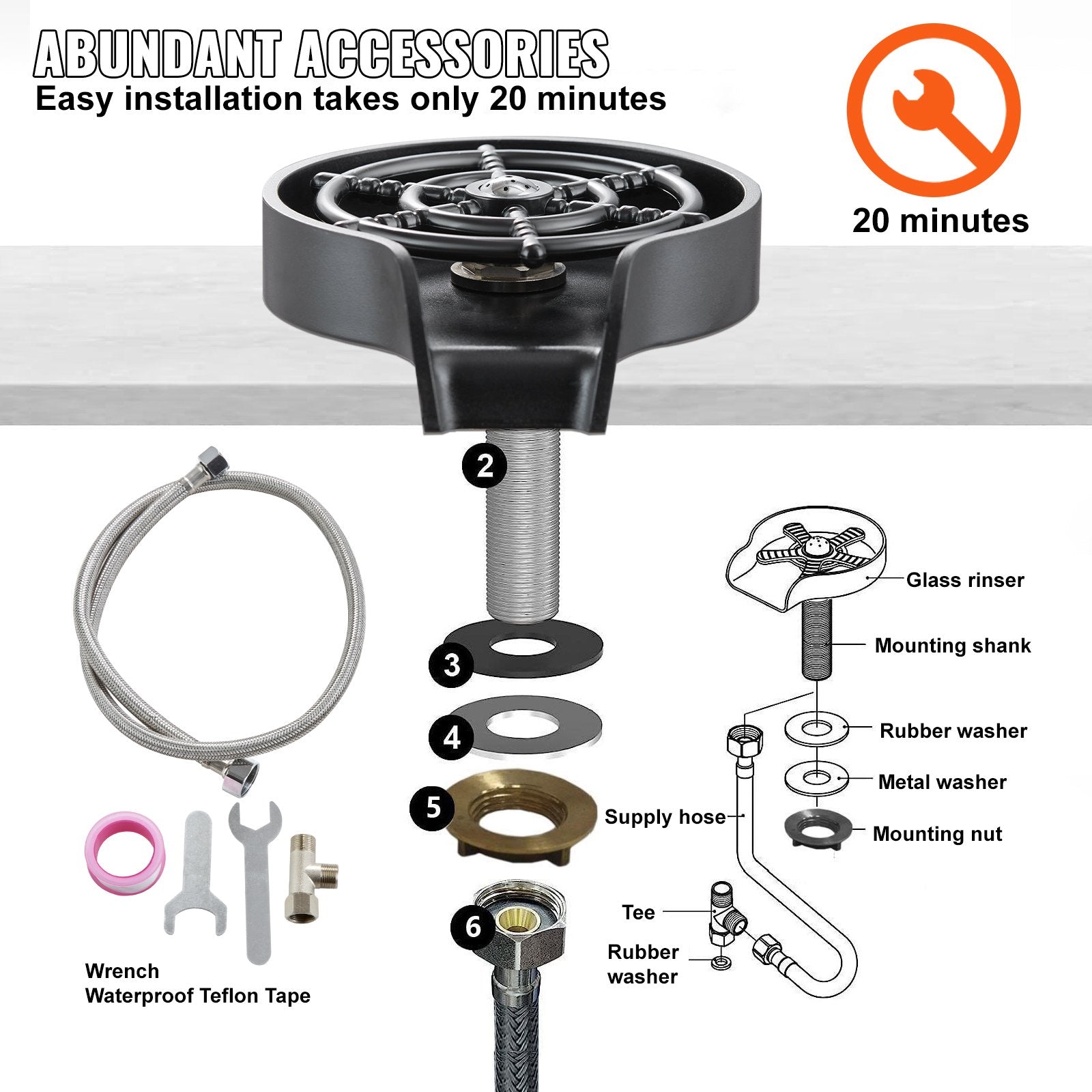 Glass Rinser, 10 Powerful Spraying Jets Rotating Cup Rinser for Sink, Wearproof ABS Kitchen Sink Faucet Cup V952-TMAZSXBQABSDD1Q4LV0
