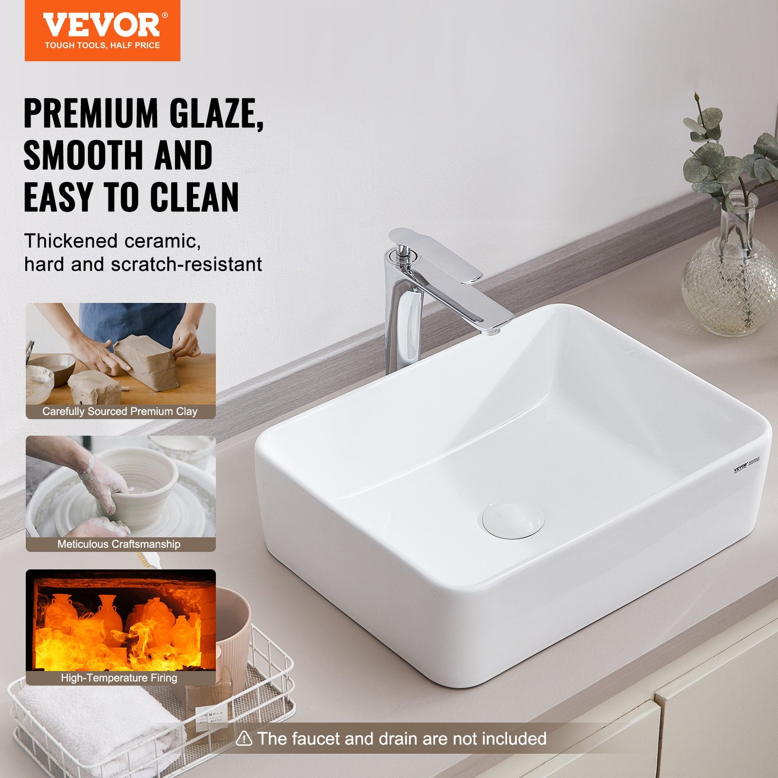 Modern Ceramic Vessel Sink 48x37cm Bathroom Vanity Bowl Countertop White V952-TMSCTCJX4837PYW3KV0