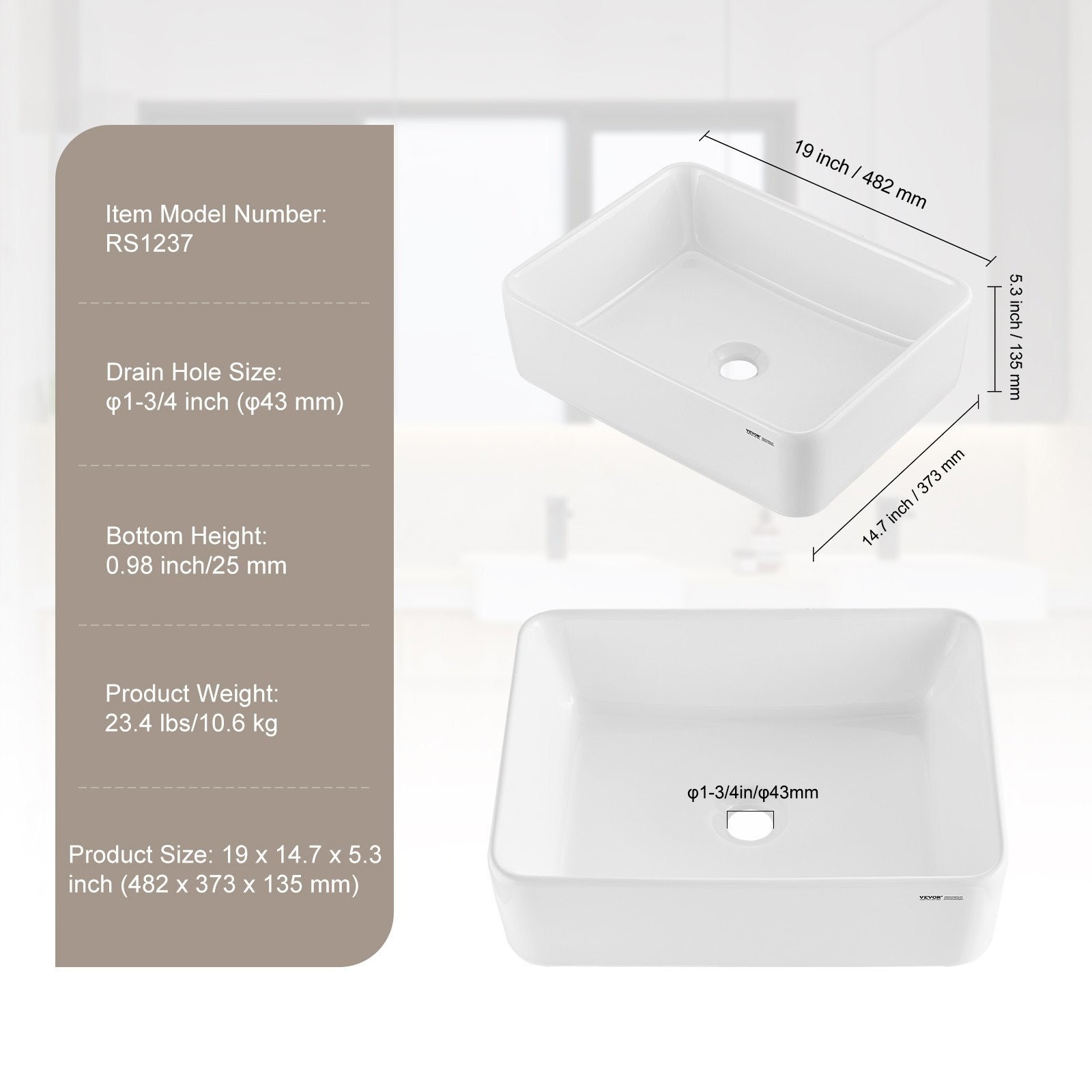 Modern Ceramic Vessel Sink 48x37cm Bathroom Vanity Bowl Countertop White V952-TMSCTCJX4837PYW3KV0