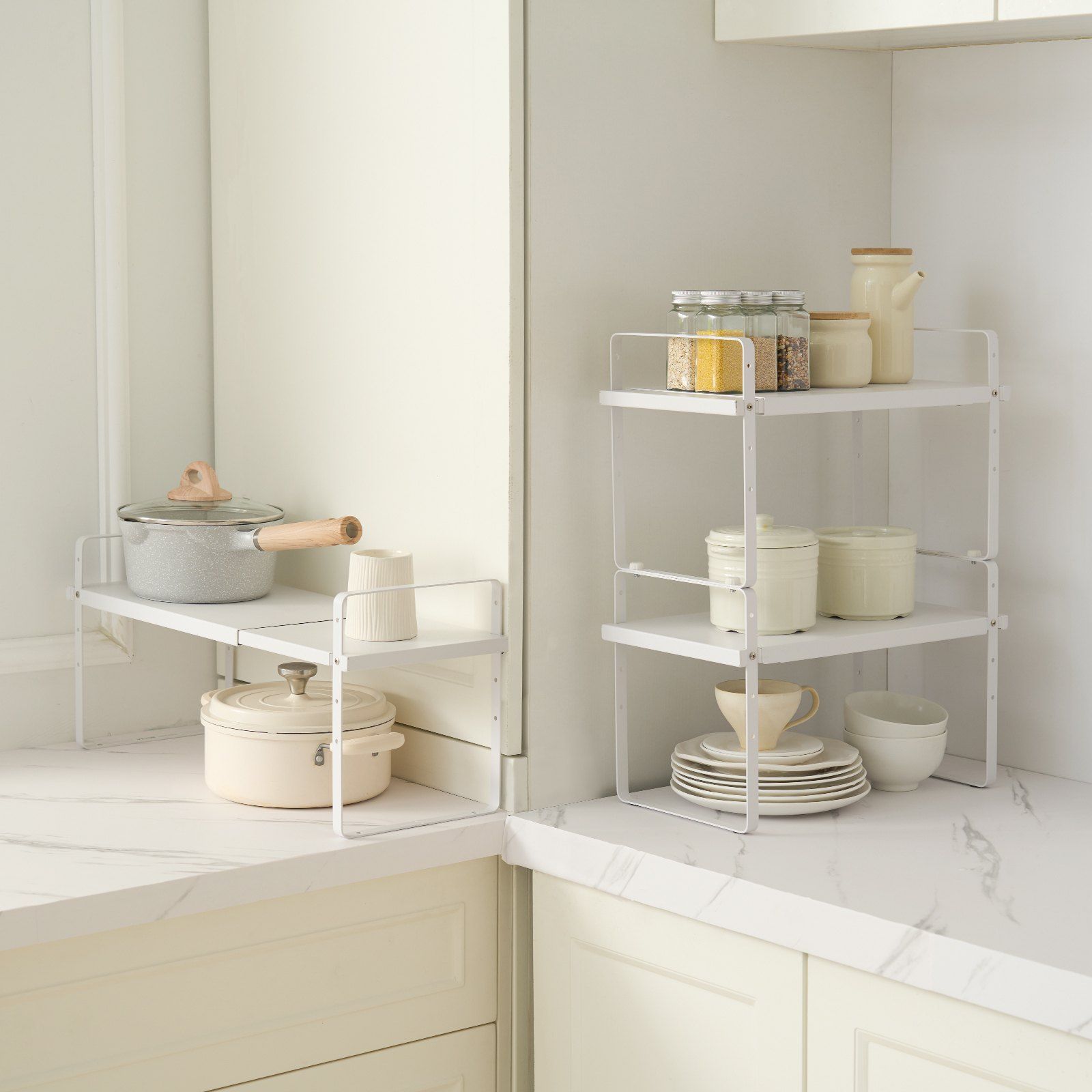 Adjustable Kitchen Cabinet Shelf Organizer, Expandable 2 Tier Cabinet Shelf, Stackable Countertop Organizers V952-TMSDLJTZSFWDMPVD4V0