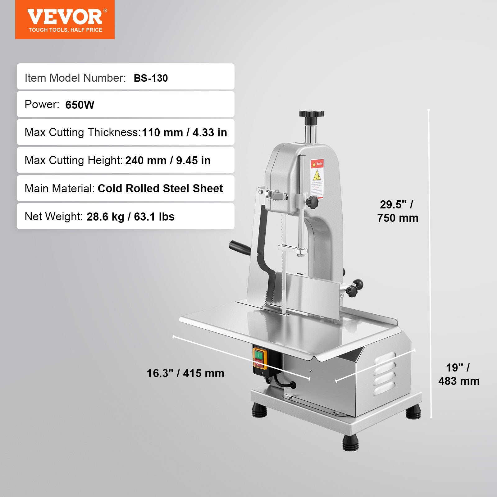 650W Commercial Electric Meat Bandsaw Stainless Steel Bone Sawing Machine V952-TMSJGJ650WL0WFZMWV3