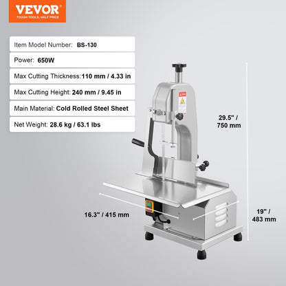650W Commercial Electric Meat Bandsaw Stainless Steel Bone Sawing Machine V952-TMSJGJ650WL0WFZMWV3