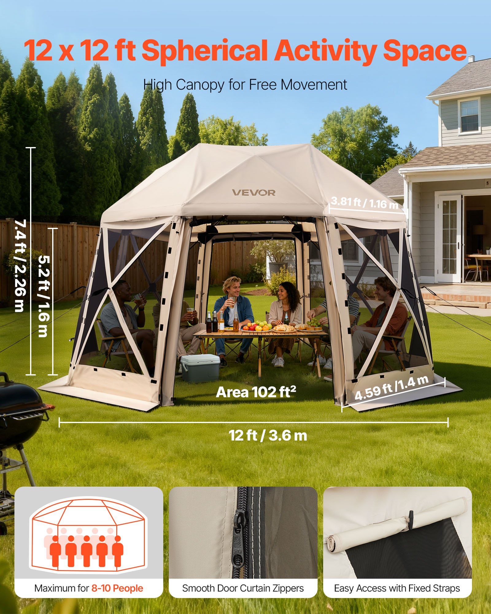 Pop up Gazebo Screen Tent, 3.6x3.6 m, 13-Sided Spherical Camping Canopy Tent with Removable Top & Carry Bag, V952-TMZPQXK13M1254U9V001V0