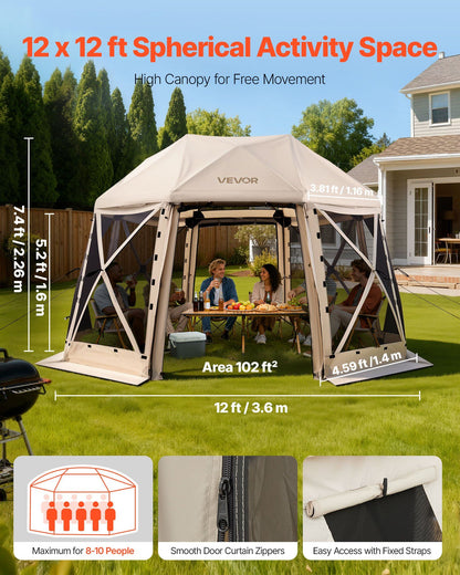 Pop up Gazebo Screen Tent, 3.6x3.6 m, 13-Sided Spherical Camping Canopy Tent with Removable Top & Carry Bag, V952-TMZPQXK13M1254U9V001V0