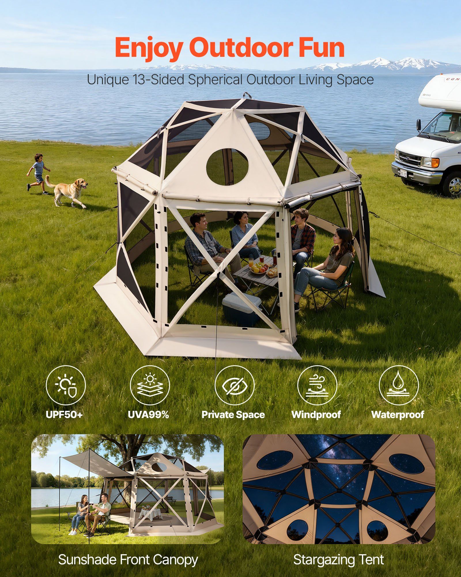 Pop up Gazebo Screen Tent, 3.6x3.6 m, 13-Sided Spherical Camping Canopy Tent with Removable Top & Carry Bag, V952-TMZPQXK13M1254U9V001V0