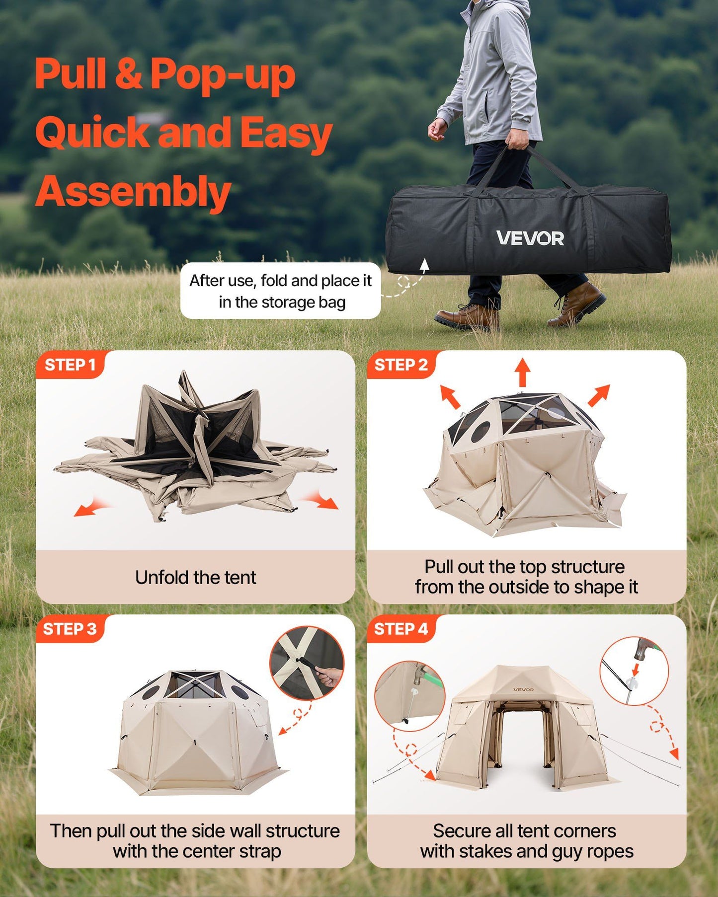 Pop up Gazebo Screen Tent, 3.6x3.6 m, 13-Sided Spherical Camping Canopy Tent with Removable Top & Carry Bag, V952-TMZPQXK13M1254U9V001V0