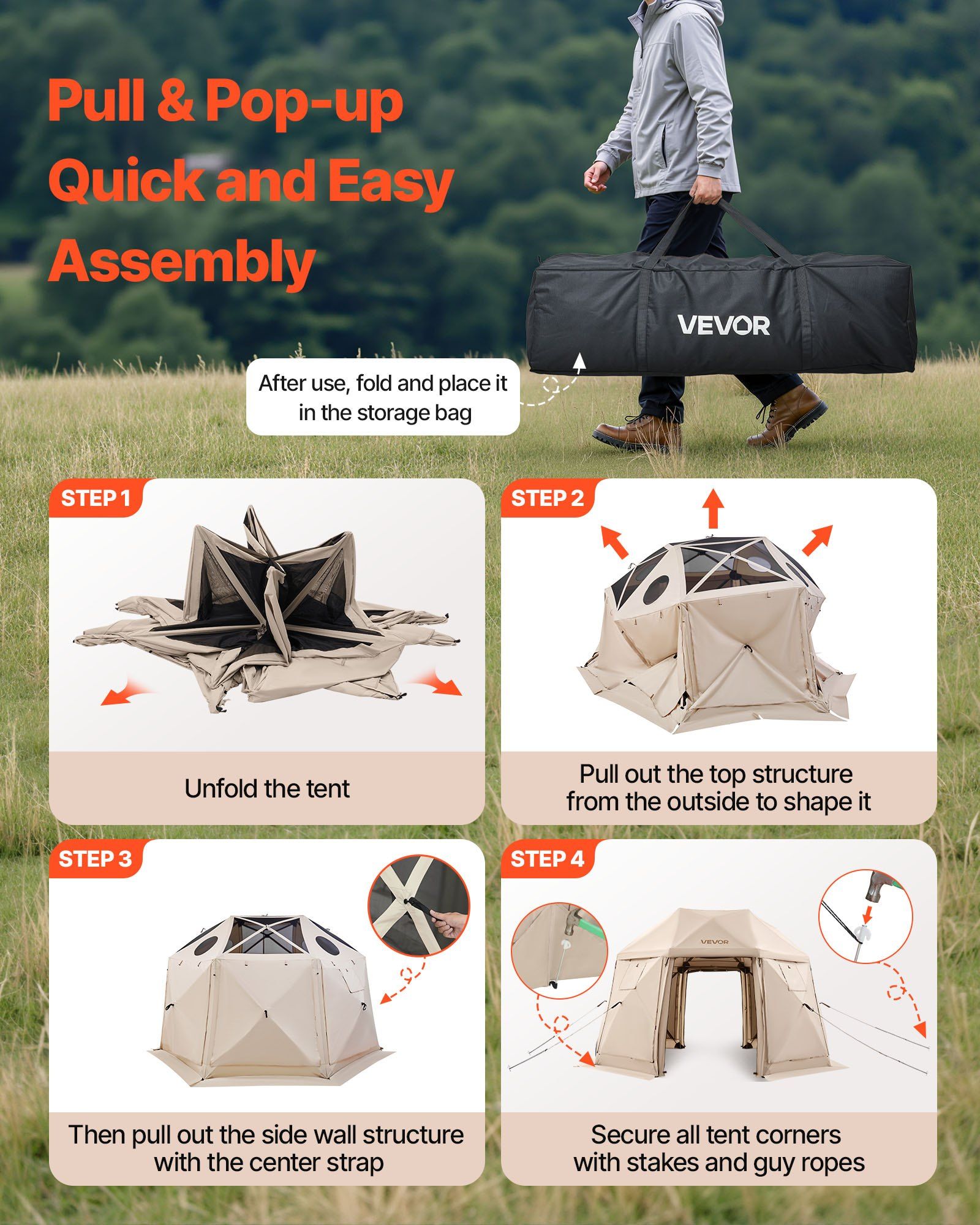 Pop up Gazebo Screen Tent, 3.6x3.6 m, 13-Sided Spherical Camping Canopy Tent with Removable Top & Carry Bag, V952-TMZPQXK13M1254U9V001V0