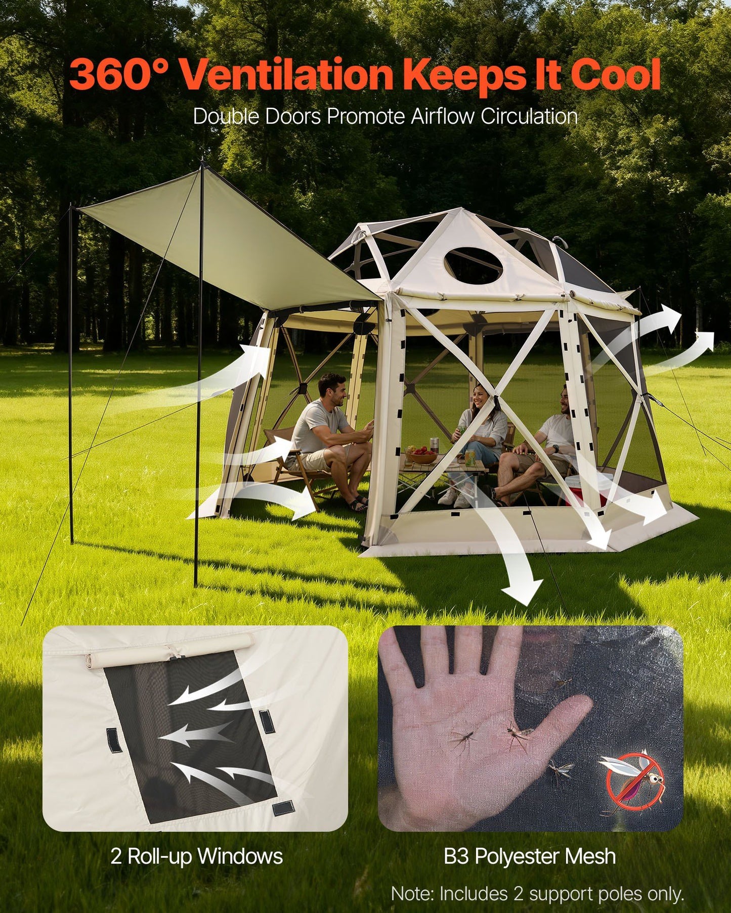 Pop up Gazebo Screen Tent, 3.6x3.6 m, 13-Sided Spherical Camping Canopy Tent with Removable Top & Carry Bag, V952-TMZPQXK13M1254U9V001V0