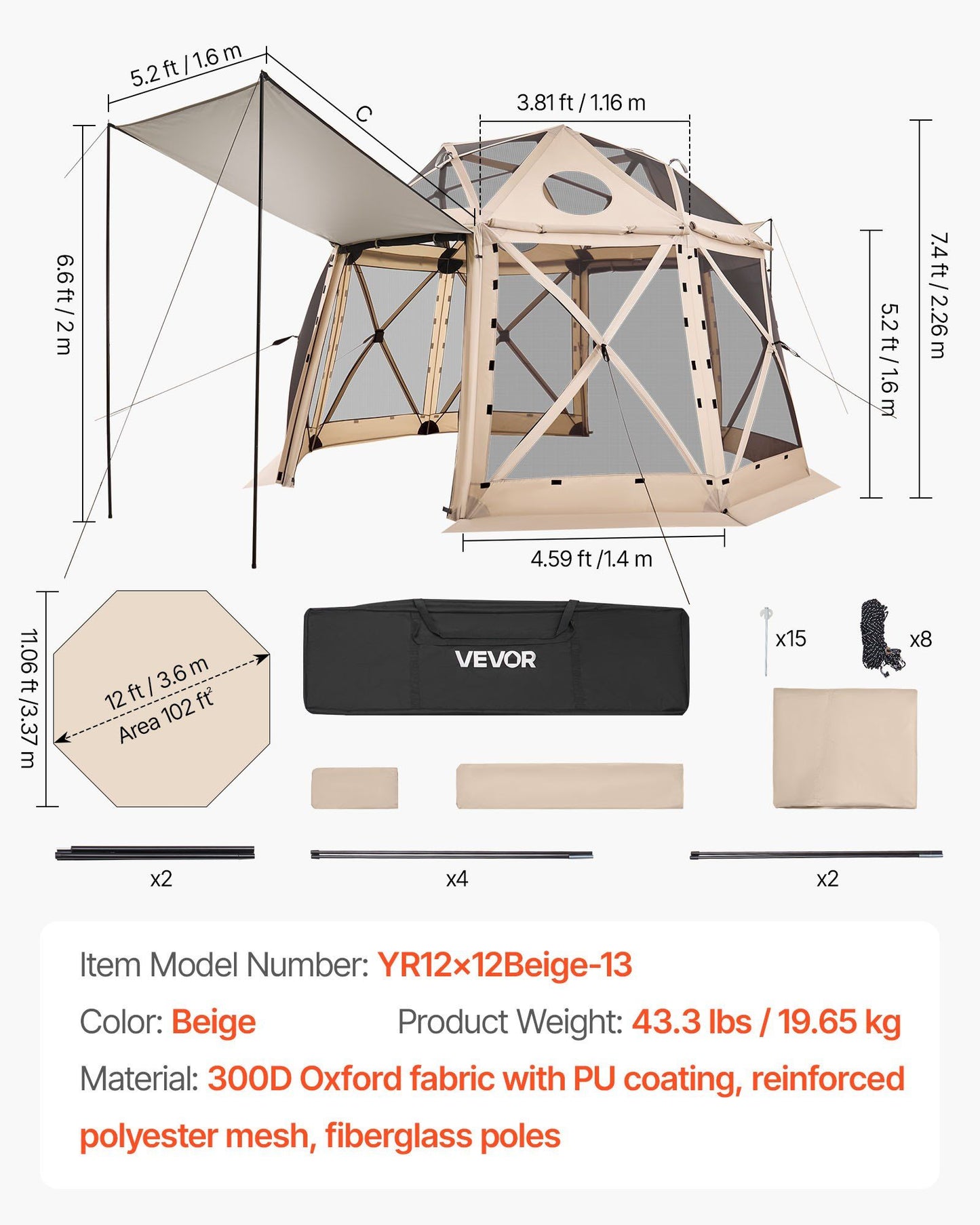 Pop up Gazebo Screen Tent, 3.6x3.6 m, 13-Sided Spherical Camping Canopy Tent with Removable Top & Carry Bag, V952-TMZPQXK13M1254U9V001V0