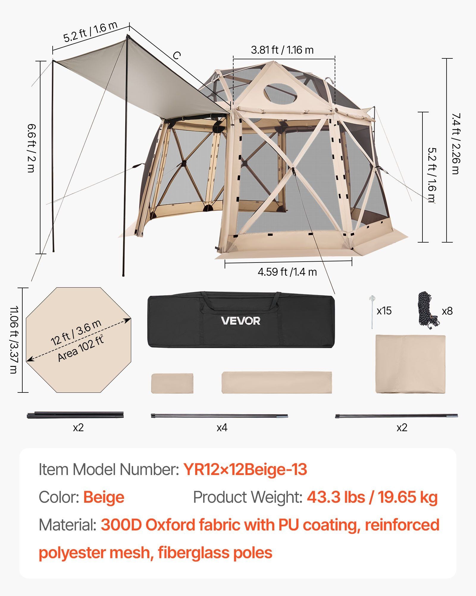 Pop up Gazebo Screen Tent, 3.6x3.6 m, 13-Sided Spherical Camping Canopy Tent with Removable Top & Carry Bag, V952-TMZPQXK13M1254U9V001V0