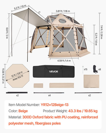 Pop up Gazebo Screen Tent, 3.6x3.6 m, 13-Sided Spherical Camping Canopy Tent with Removable Top & Carry Bag, V952-TMZPQXK13M1254U9V001V0
