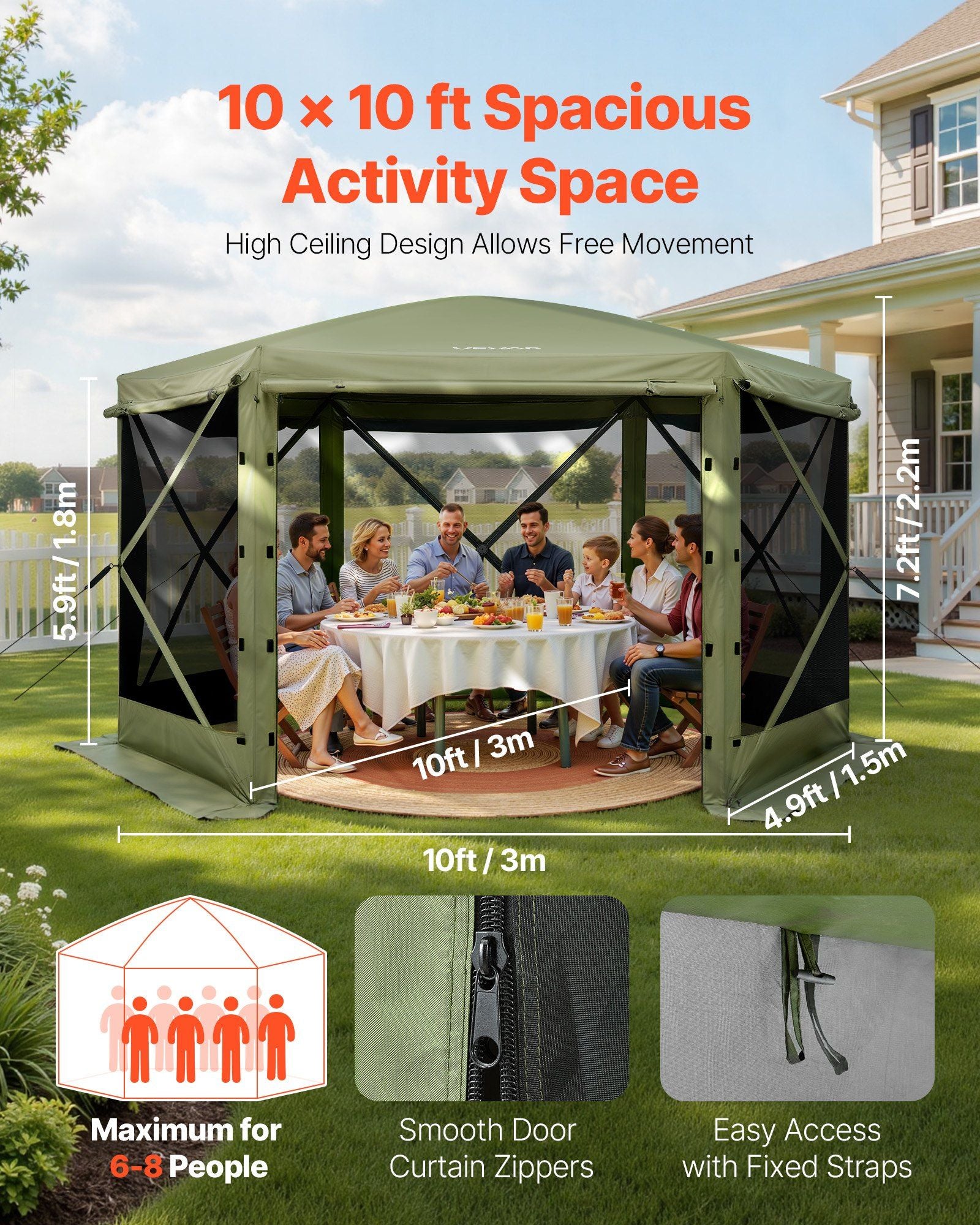 Pop up Gazebo Screen Tent, 3x3 m Large 6-Sided Camping Canopy Tent with Removable Top & Carry Bag, Quick-Set V952-TMZPXKTMK6M1M7EVT001V0