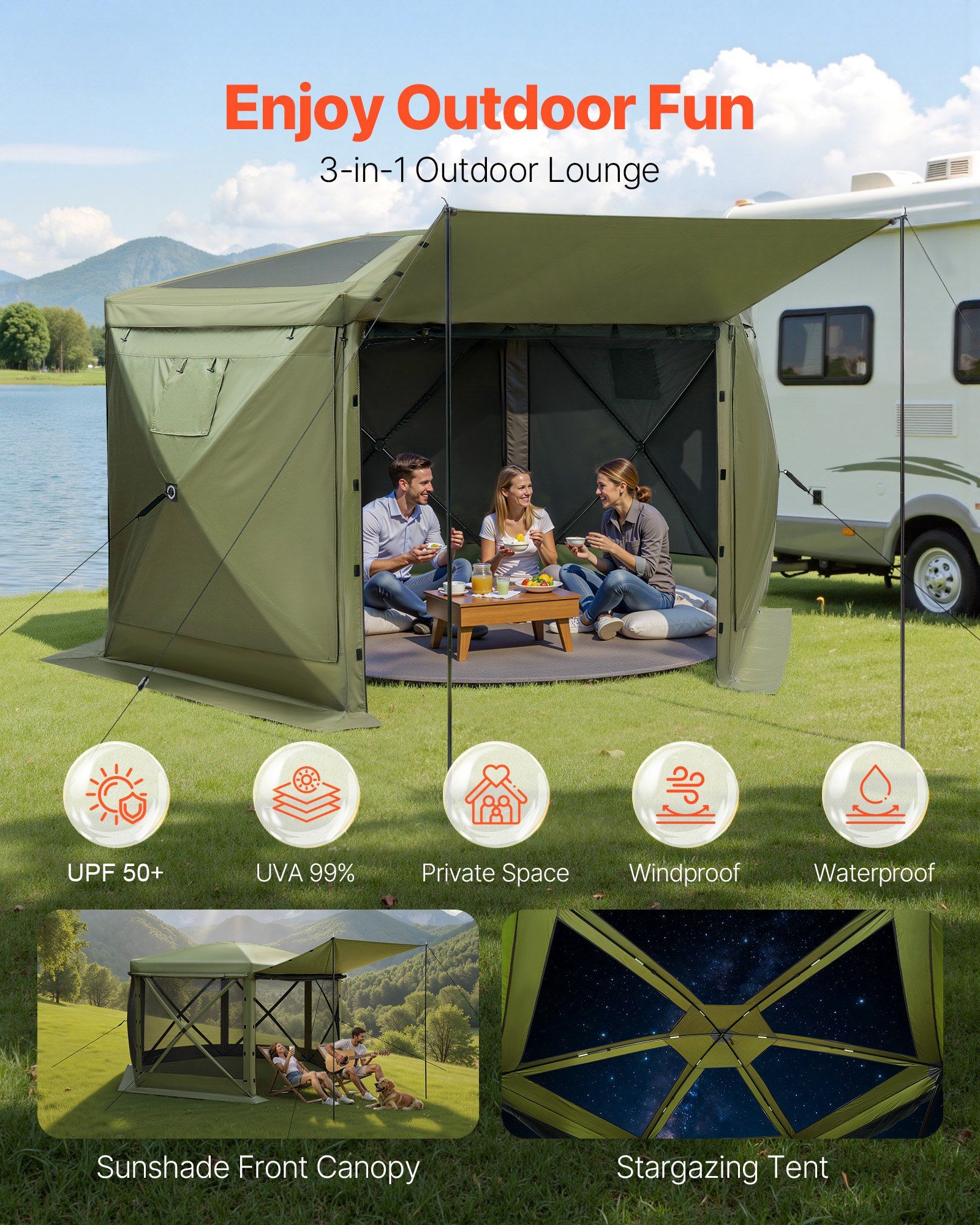 Pop up Gazebo Screen Tent, 3x3 m Large 6-Sided Camping Canopy Tent with Removable Top & Carry Bag, Quick-Set V952-TMZPXKTMK6M1M7EVT001V0