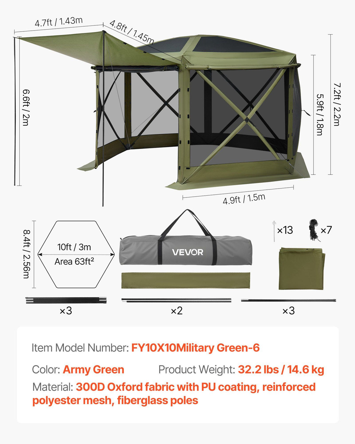 Pop up Gazebo Screen Tent, 3x3 m Large 6-Sided Camping Canopy Tent with Removable Top & Carry Bag, Quick-Set V952-TMZPXKTMK6M1M7EVT001V0
