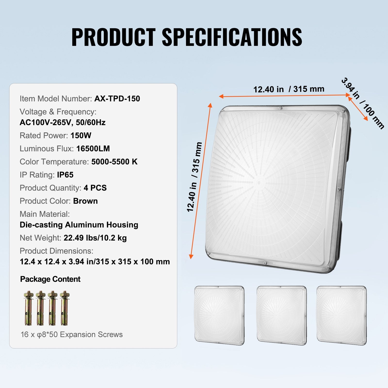 4 PCS LED Canopy Light 150W 16500LM 5000K Daylight Outdoor Canopy Lighting V952-TPDDS150W4JT18VDWV7