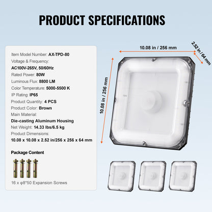 4 Pack LED Canopy Lights 80W 8800LM 5000K Daylight Outdoor Canopy Lighting V952-TPDDS80W4JT0CK09FV7
