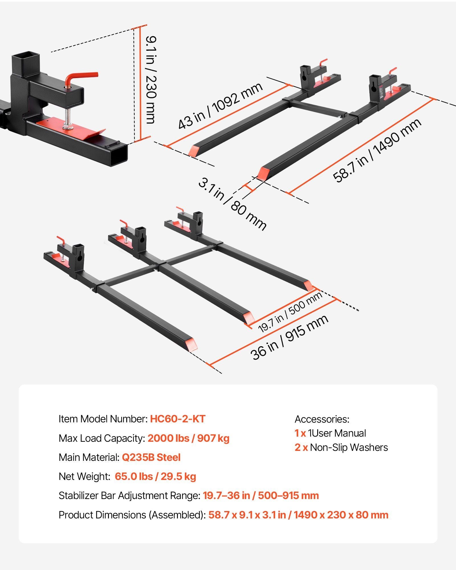 Pallet Forks, 907 kg Clamp on Pallet Forks, 149 cm Total Length Heavy-Duty Tractor Fork with Adjustable V952-TPHCKDJK60INVJ53T001V0