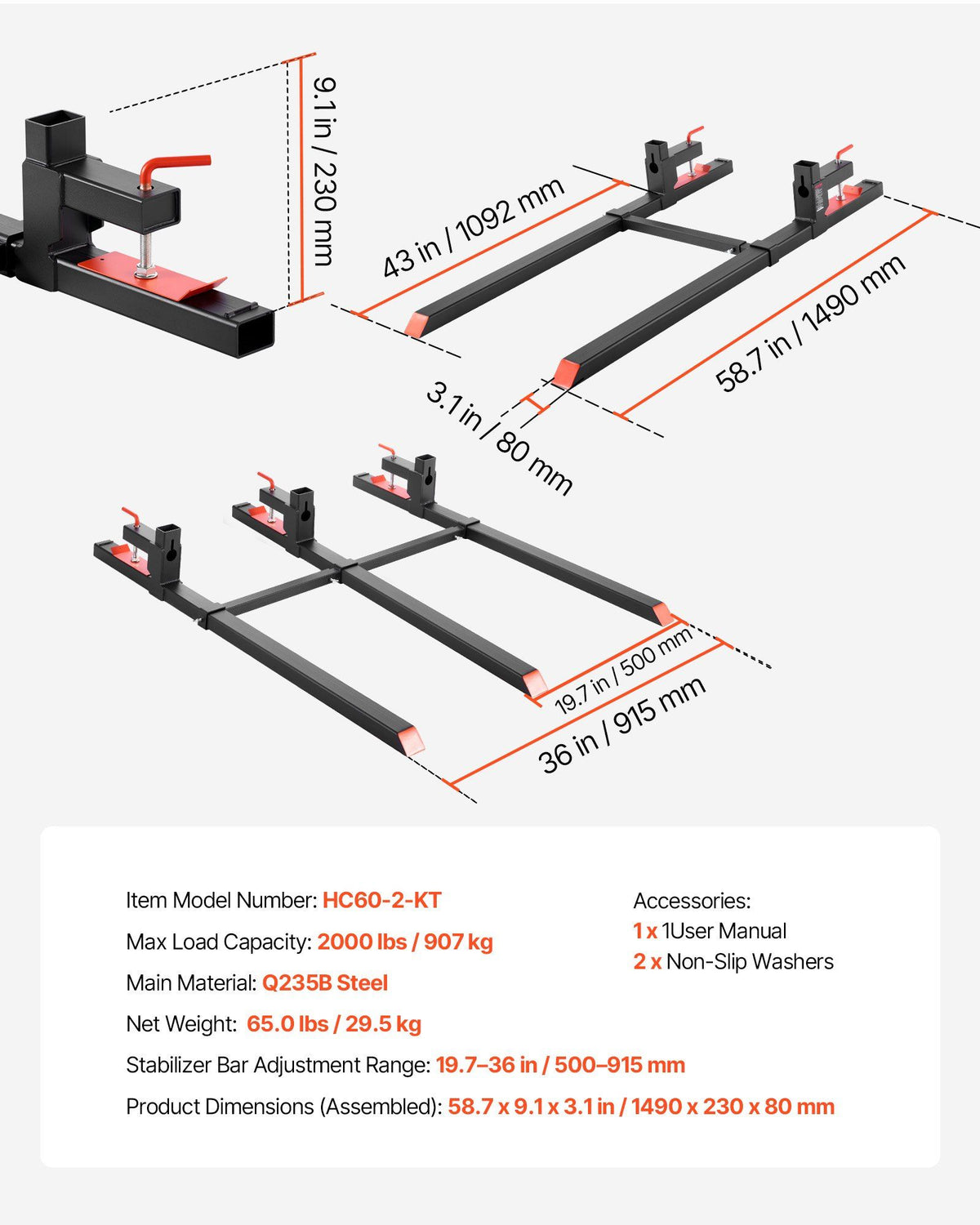 Pallet Forks, 907 kg Clamp on Pallet Forks, 149 cm Total Length Heavy-Duty Tractor Fork with Adjustable V952-TPHCKDJK60INVJ53T001V0