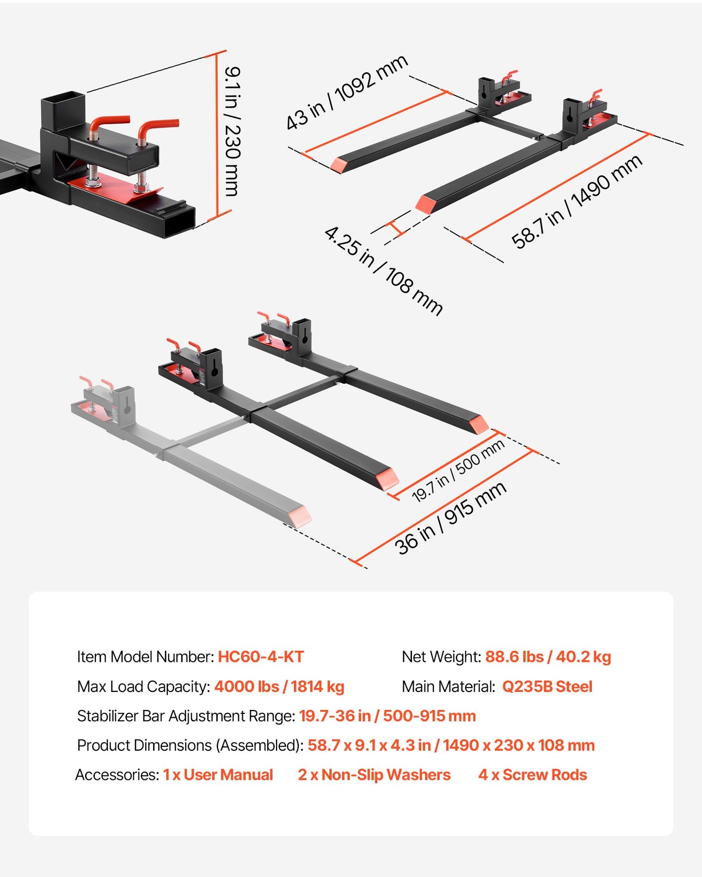 Pallet Forks, 1814 kg Clamp on Pallet Forks, 149 cm Total Length Heavy-Duty Tractor Fork with Adjustable V952-TPHCKDJK60INXOZ1G001V0