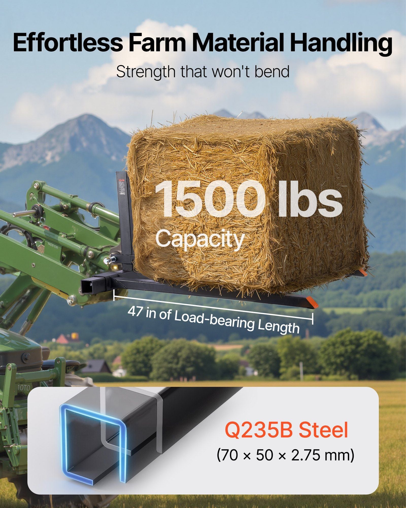 3 Point Hitch Pallet Forks, 680 kg Clamp on Pallet Forks, 128 cm Total Length Heavy-Duty Tractor Fork with V952-TPHCSDSK50IN3AS0W001V0