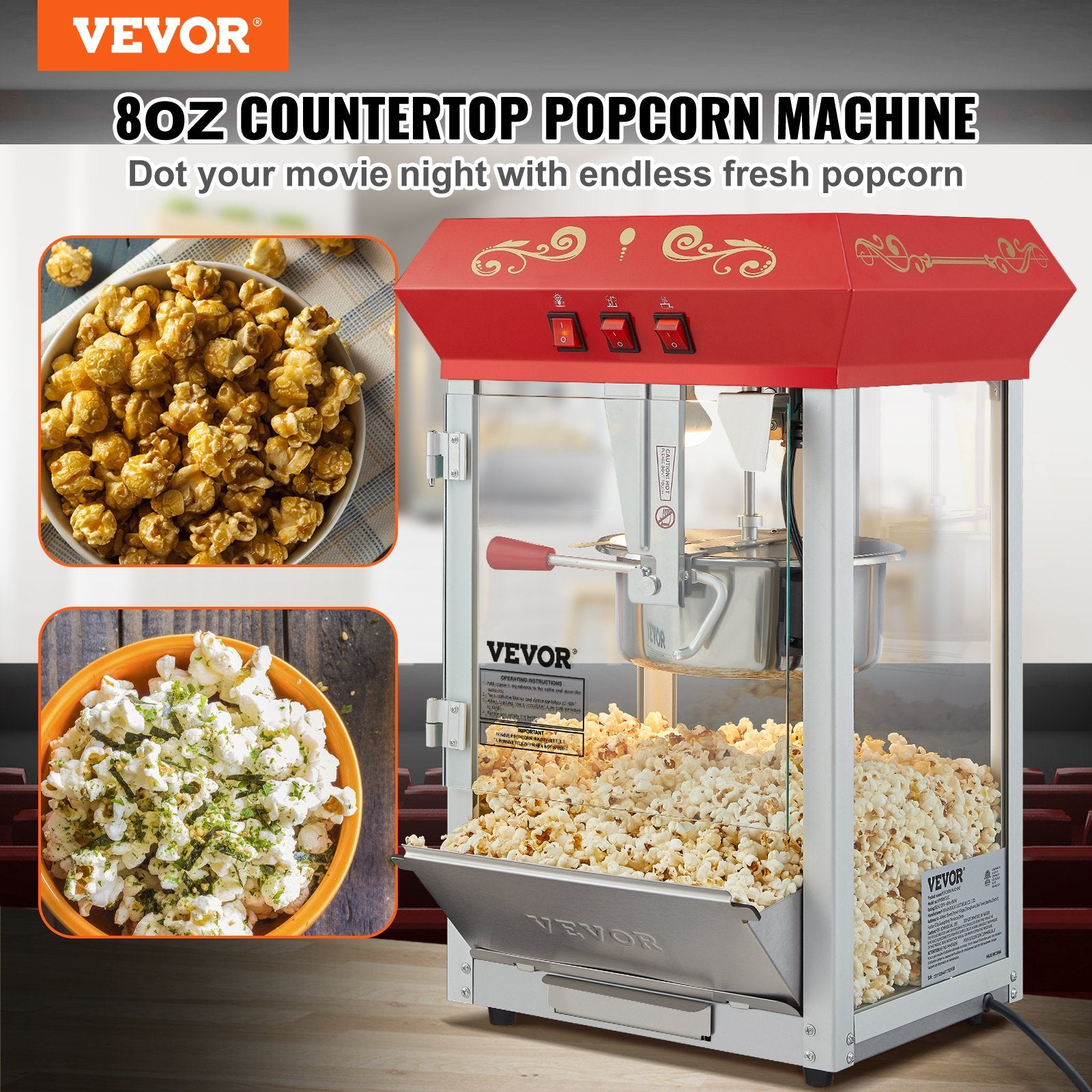 Popcorn Popper Machine Countertop Popcorn Maker 850W 8 Oz 48 Cups Red V952-TSBMHJ8OZ850WJWNRV3